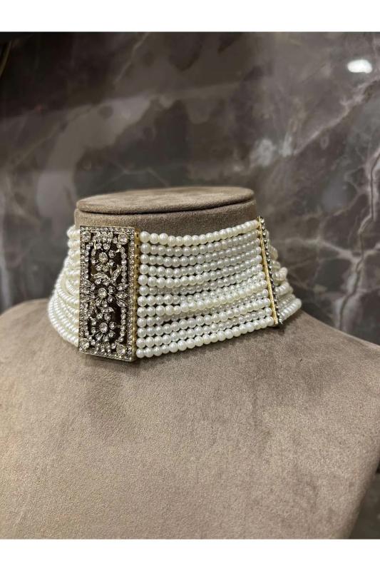 Choker 12 Sıra Cam İnci Elmas Montürlü Zirkon Taşlı Antik Bronz Fantezi Tasma Kolye