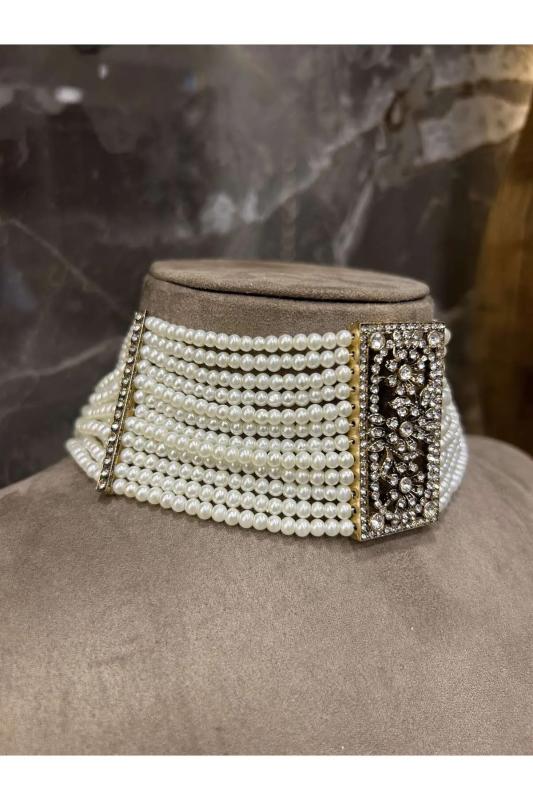Choker 12 Sıra Cam İnci Elmas Montürlü Zirkon Taşlı Antik Bronz Fantezi Tasma Kolye