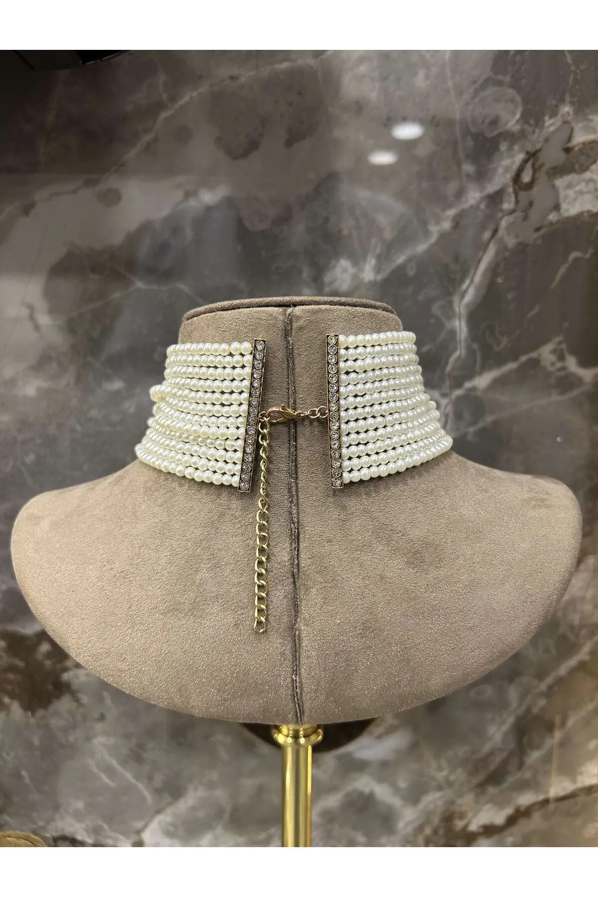 Choker 12 Sıra Cam İnci Elmas Montürlü Zirkon Taşlı Antik Bronz Fantezi Tasma Kolye
