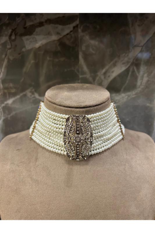Vog Choker 12 Sıra Cam İnci Elmas Montürlü Zirkon Taşlı Antik Bronz Tasma Kolye