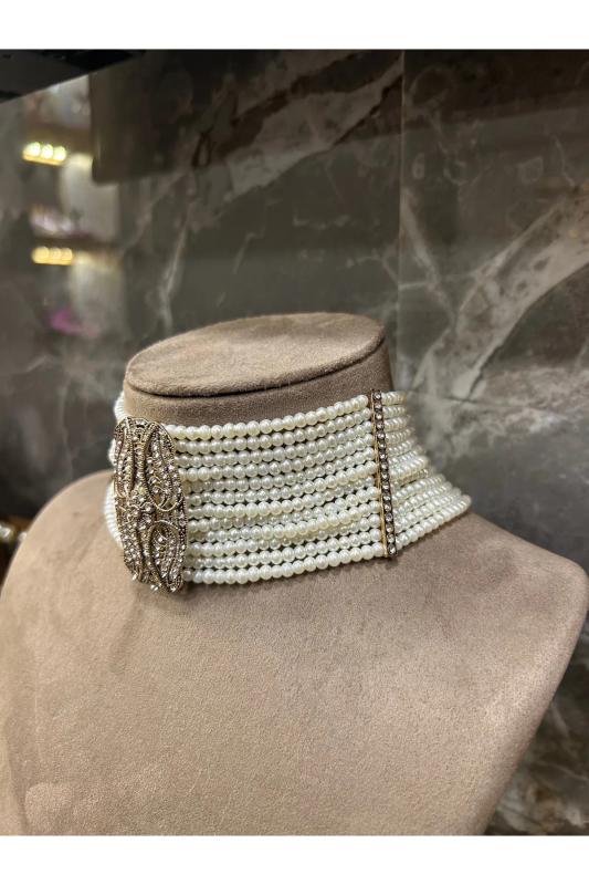 Vog Choker 12 Sıra Cam İnci Elmas Montürlü Zirkon Taşlı Antik Bronz Tasma Kolye