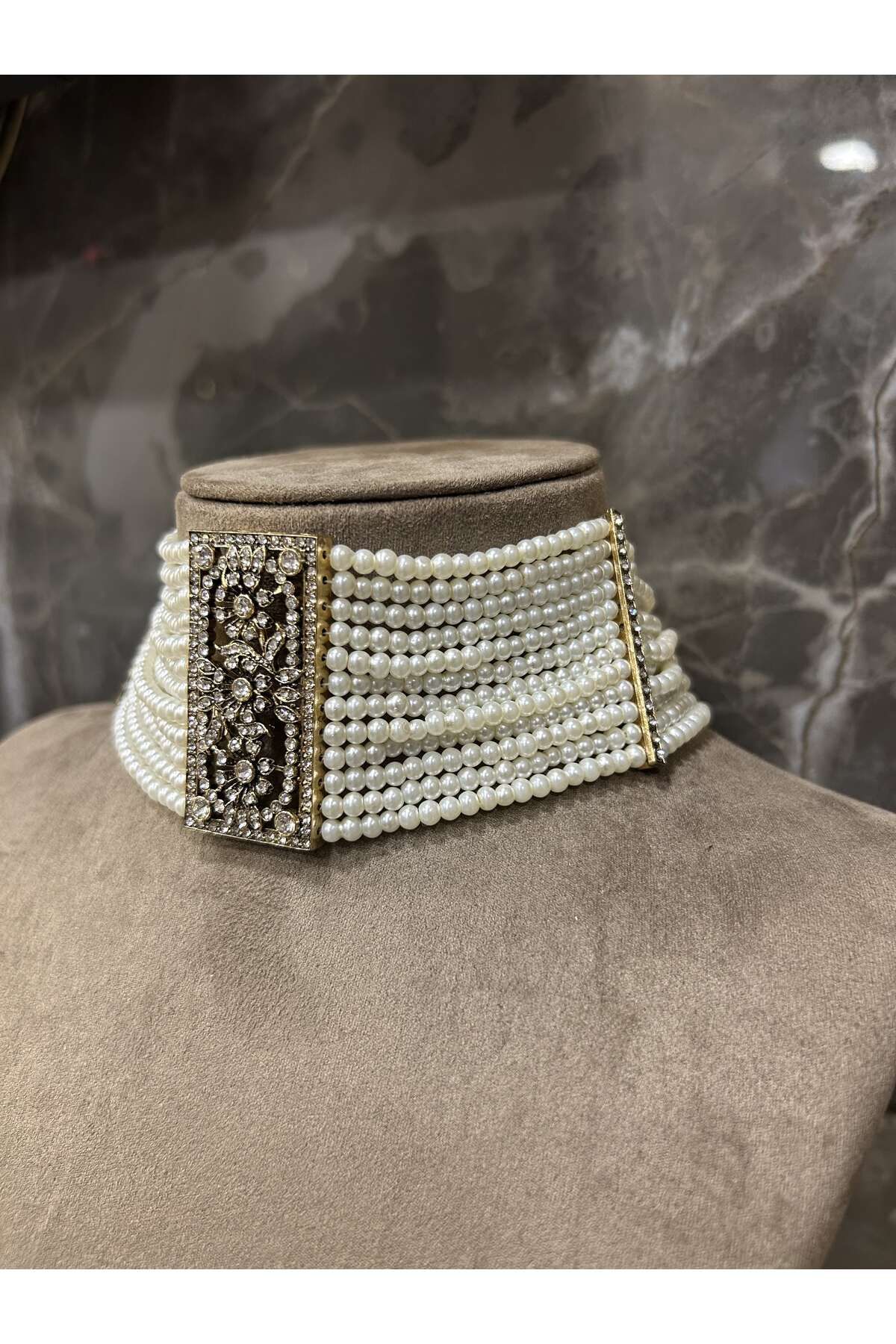Choker Cam İnci Elmas Montürlü Zirkon Taşlı Antik Bronz Tasma Sevgiliye,Anneye Hediye Kolye 