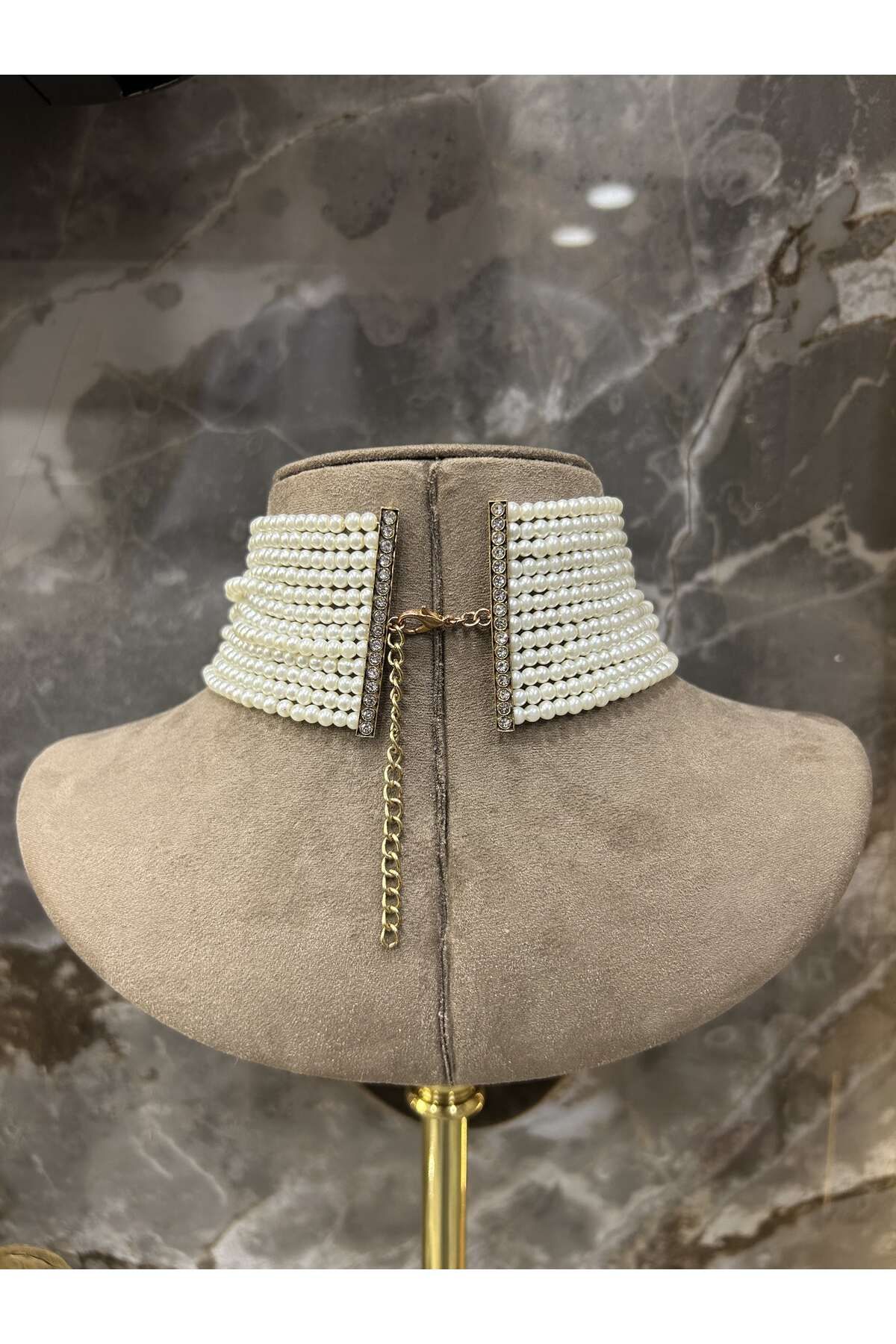 Choker Cam İnci Elmas Montürlü Zirkon Taşlı Antik Bronz Tasma Sevgiliye,Anneye Hediye Kolye 