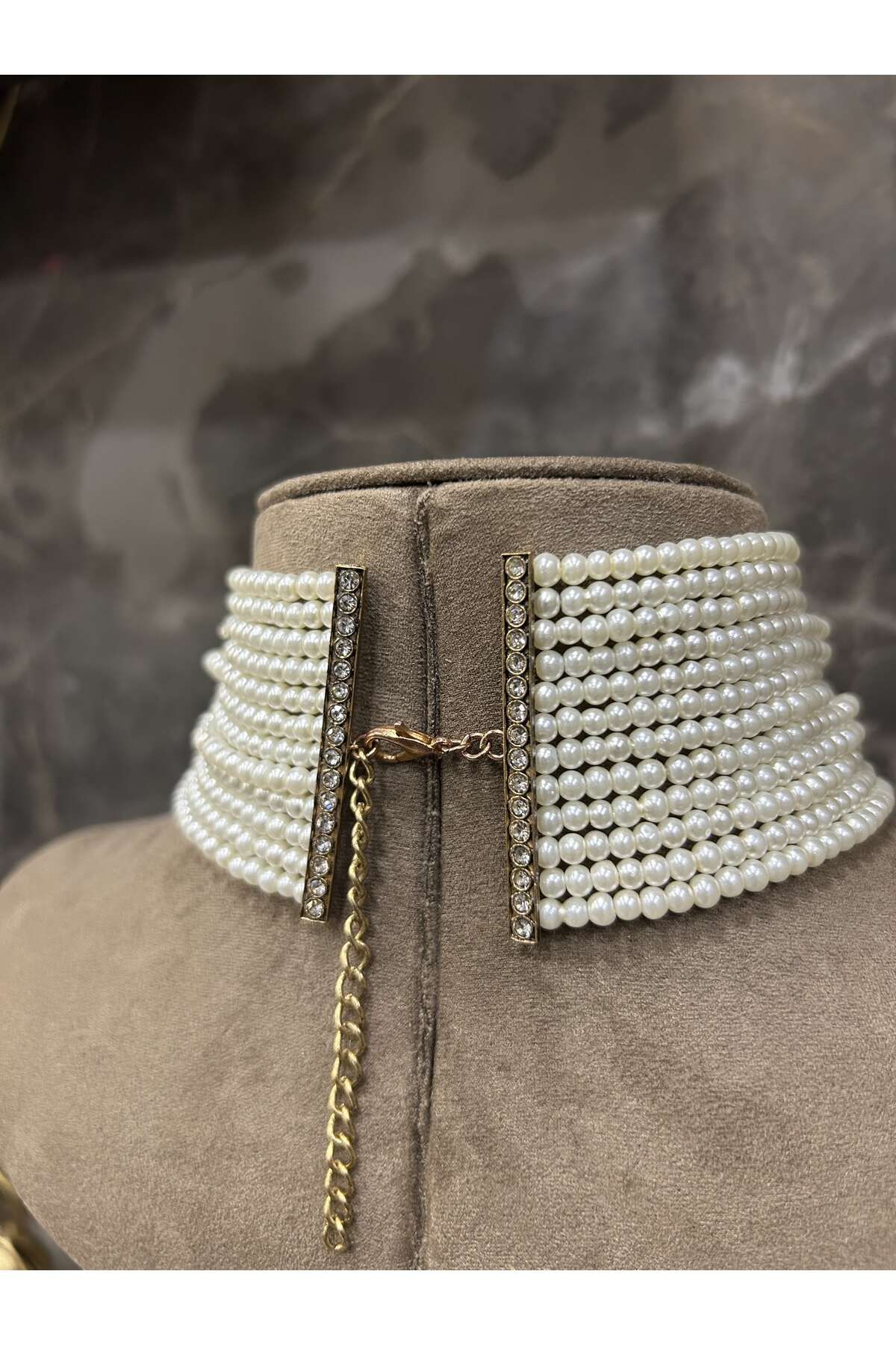 Choker Cam İnci Elmas Montürlü Zirkon Taşlı Antik Bronz Tasma Sevgiliye,Anneye Hediye Kolye 