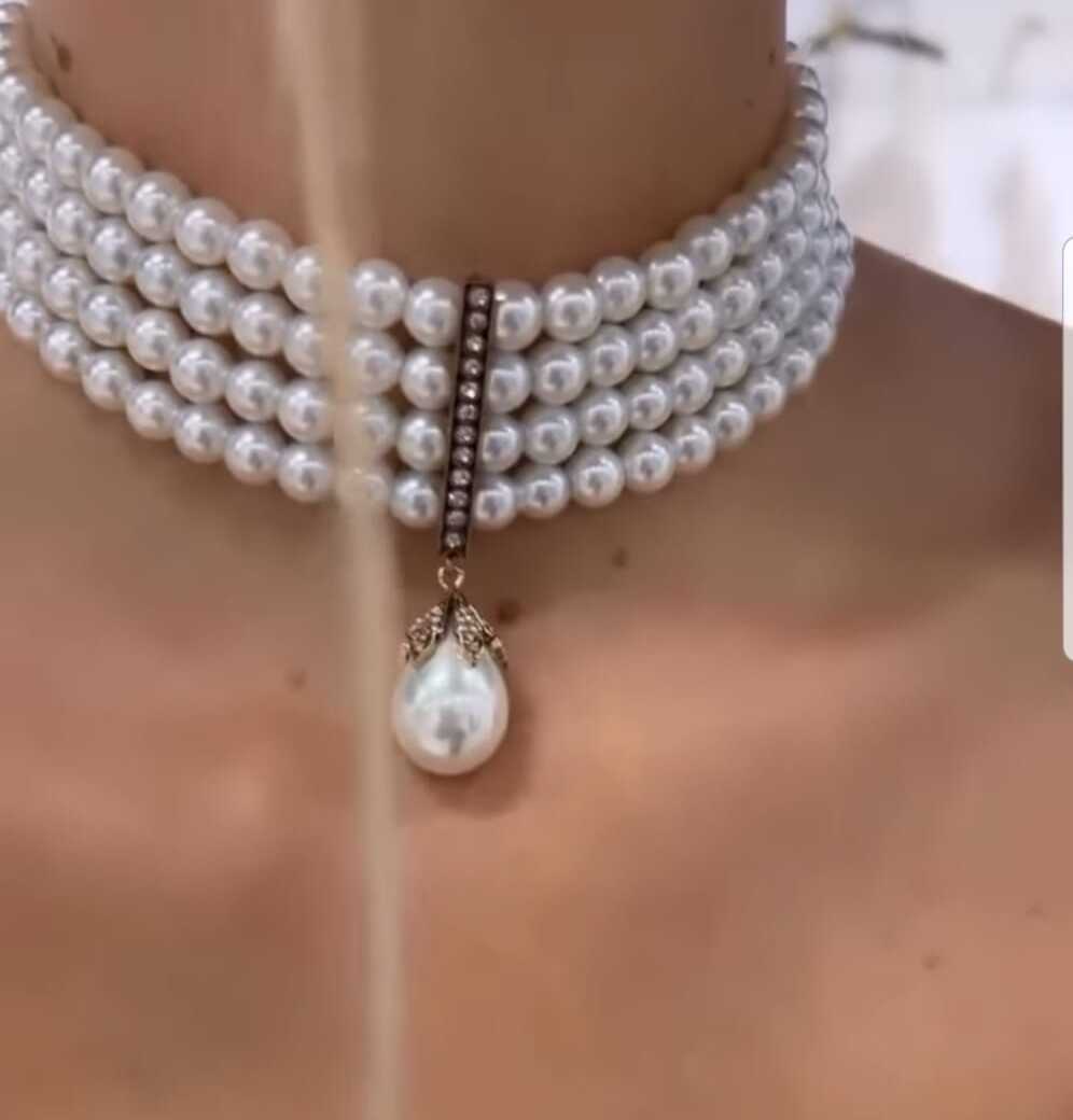 Vog 4 Sıra Cam İnci Tasarım Choker-Hürrem Sultan Modeli Bronz Meteryal Gelin Nişan Choker Gerdanlık