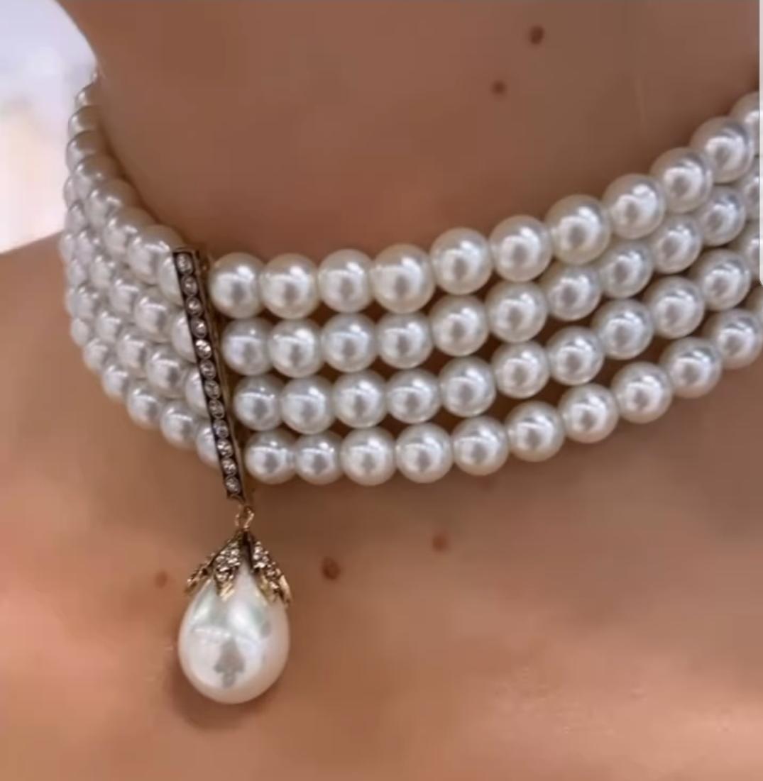 Vog 4 Sıra Cam İnci Tasarım Choker-Hürrem Sultan Modeli Bronz Meteryal Gelin Nişan Choker Gerdanlık