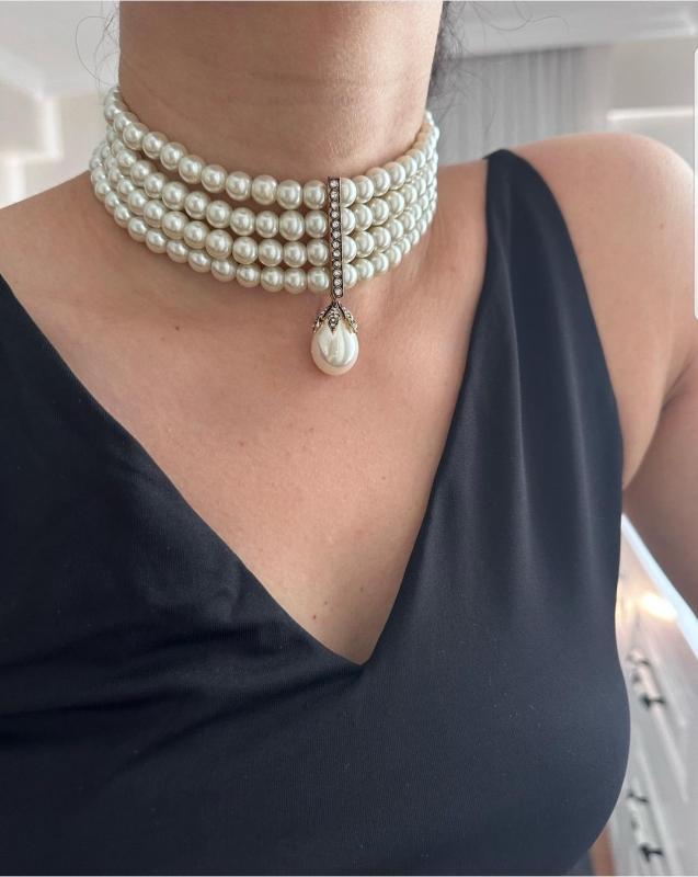Vog Cam İnci Tasarım Choker Set -Hürrem Sultan Modeli Bronz Meteryal Gelin Nişan Choker Set Takım
