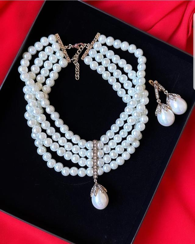 Vog Cam İnci Tasarım Choker Set -Hürrem Sultan Modeli Bronz Meteryal Gelin Nişan Choker Set Takım