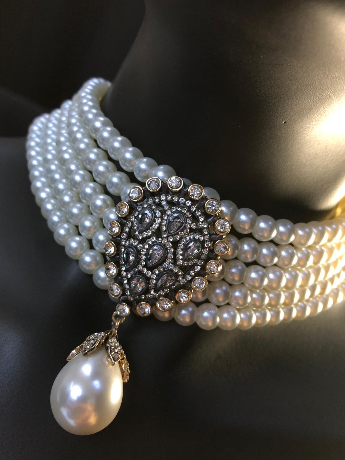 Vog 5 Sıra Cam İnci Tasarım Choker - Elmas Montür Hürrem Sultan Modeli Gelin Nişan Choker Gerdanlık