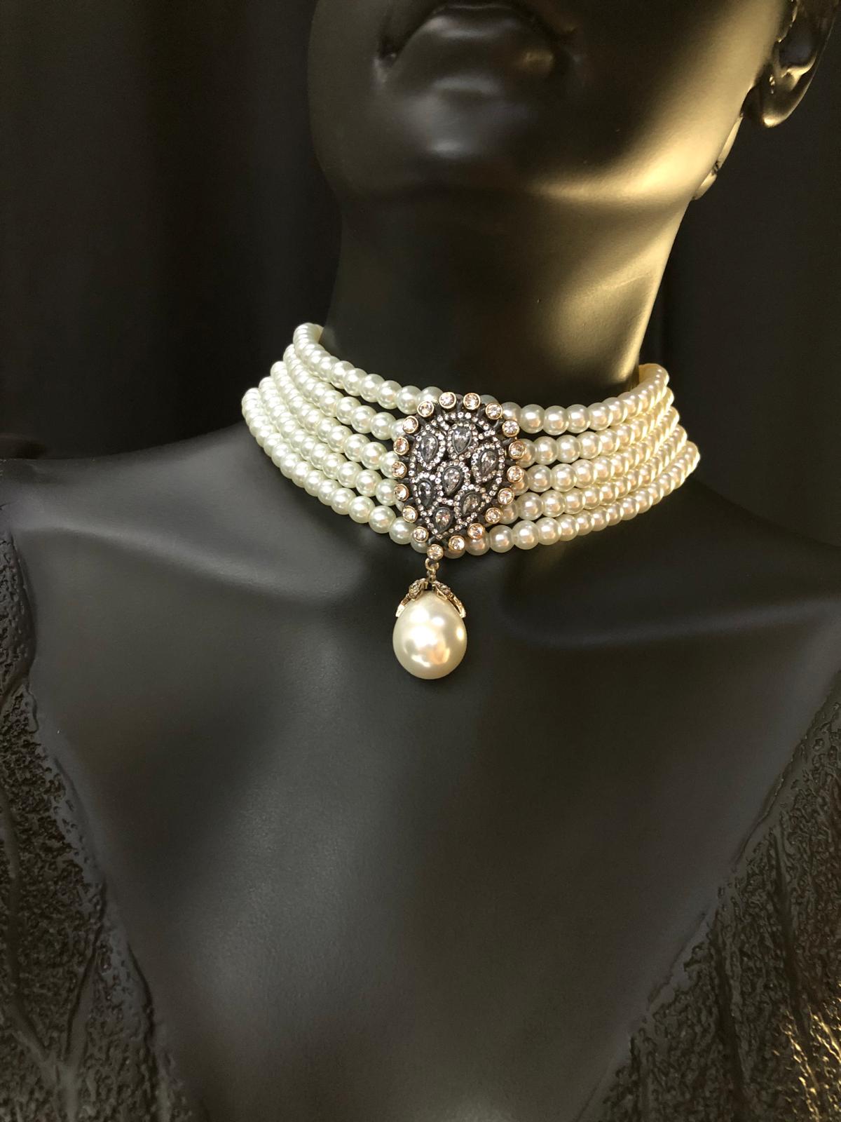 Vog 5 Sıra Cam İnci Tasarım Choker - Elmas Montür Hürrem Sultan Modeli Gelin Nişan Choker Gerdanlık