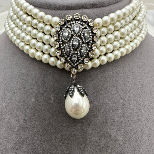 Vog 5 Sıra Cam İnci Tasarım Choker - Elmas Montür Hürrem Sultan Modeli Gelin Nişan Choker Gerdanlık