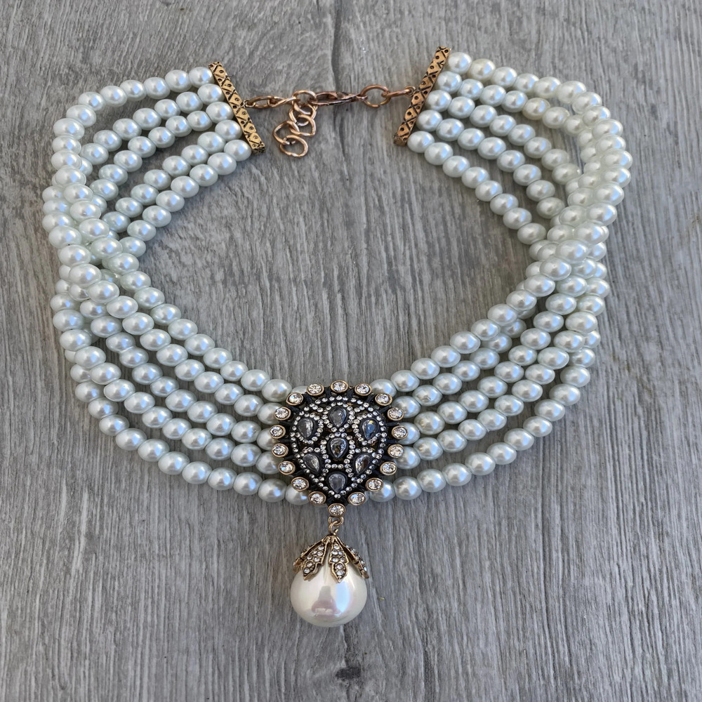 Vog 5 Sıra Cam İnci Tasarım Choker - Elmas Montür Hürrem Sultan Modeli Gelin Nişan Choker Gerdanlık