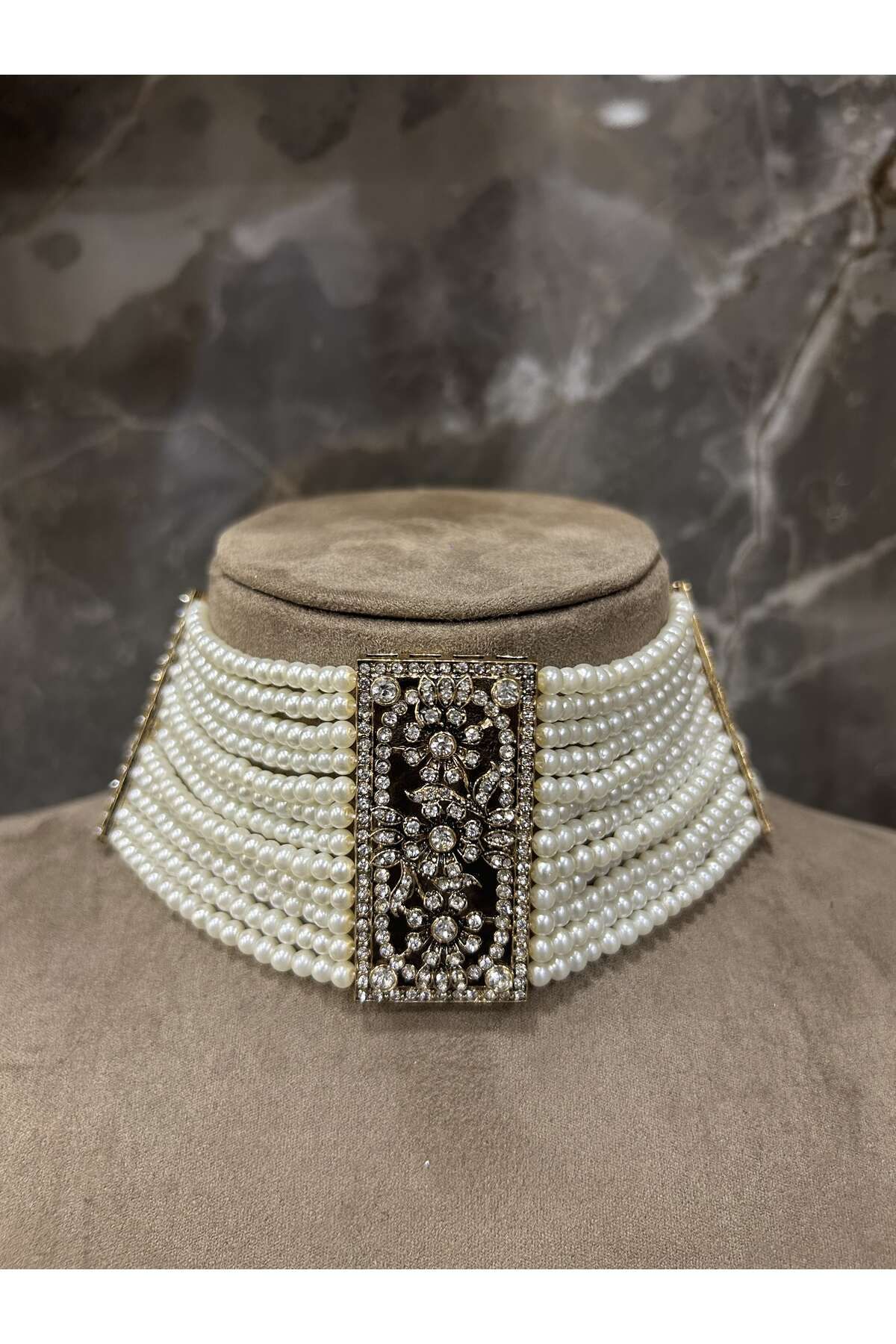 Choker Cam İnci Elmas Montürlü Zirkon Taşlı Antik Bronz Tasma Sevgiliye,Anneye Hediye Kolye 